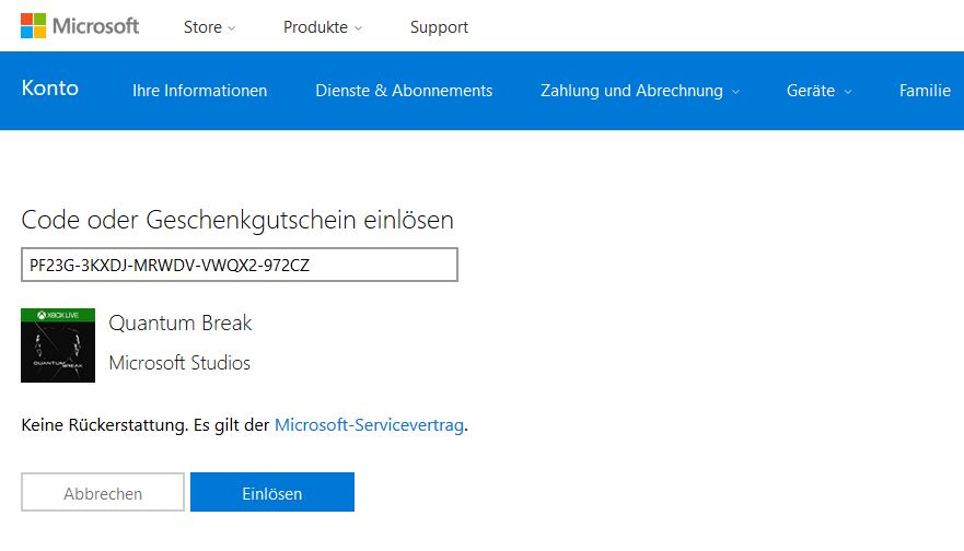 Windows 10 Seite - Quantum Break Code eintragen