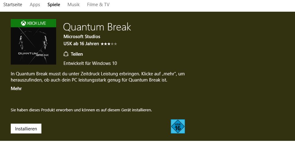 Windows 10 Seite - Quantum Break installieren