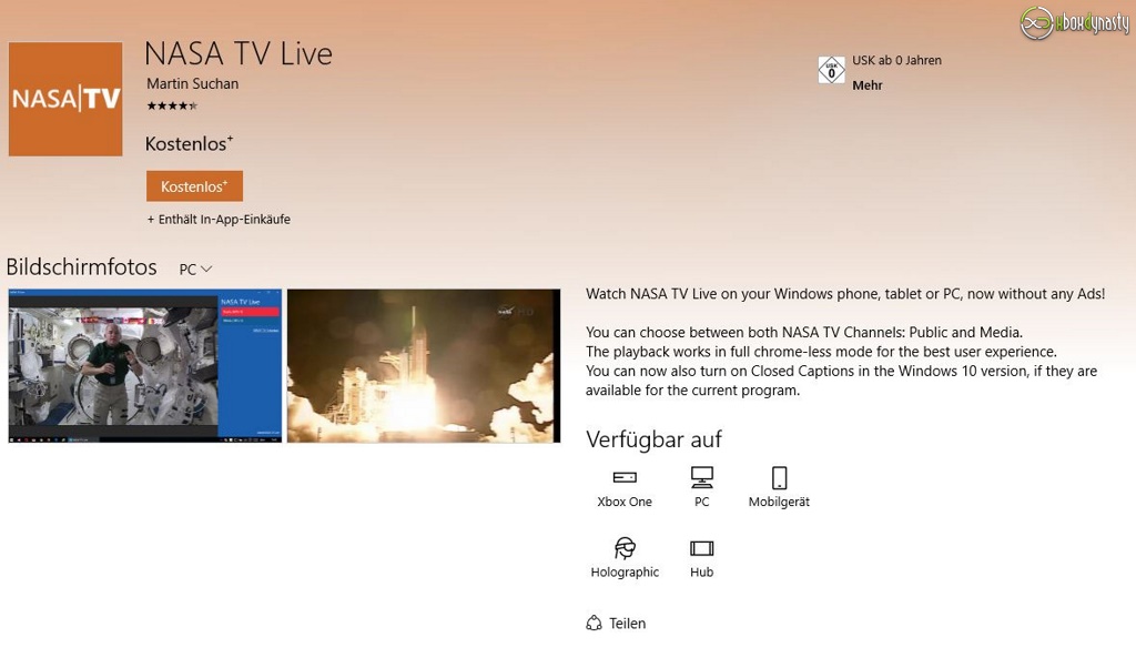 Xbox One Dashboard: NASA TV Live App kostenlos erhältlich