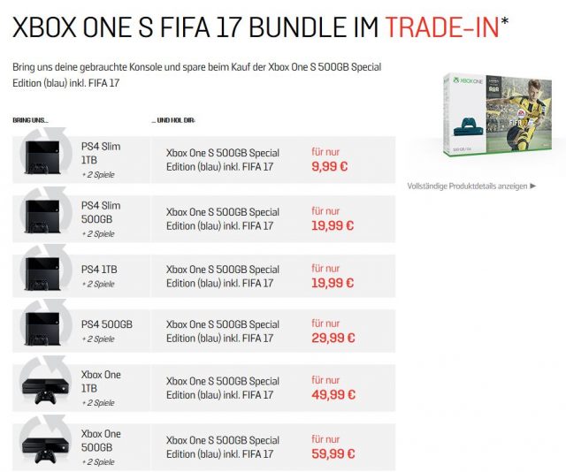 Alte 500 GB Konsole mit 2 Spielen abgeben, Xbox One S für 59,99 Euro mitnehmen
